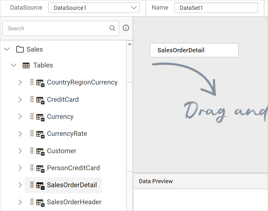Drag and drop query table to design area
