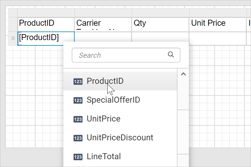 Assign fields to table cell